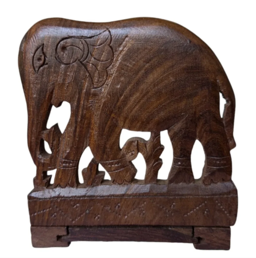 Vtg Ornate Handcarved Elephant Wood Slide Expandable Bookrack Ends Shelf India - Picture 8 of 16